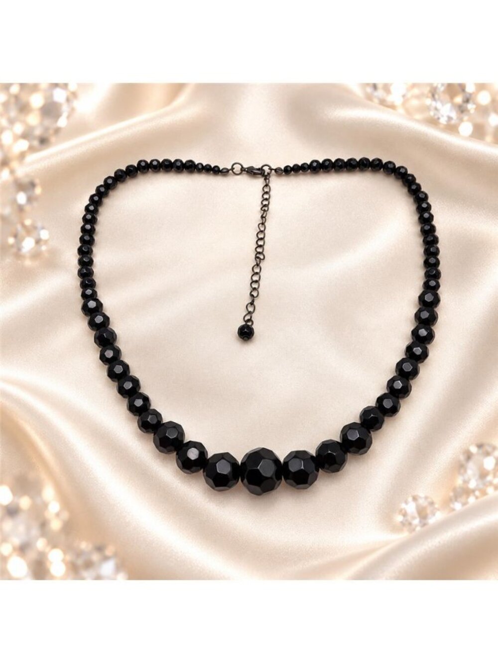 Black Faceted Glass Bead Graduated Statement Necklace Gunmetal Tone 21"